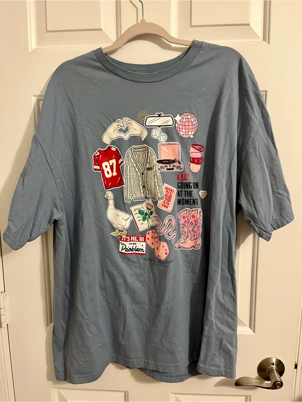 Simply Southern Blue Short Sleeve Tee with Taylor Swift Sticker Collage 2XL